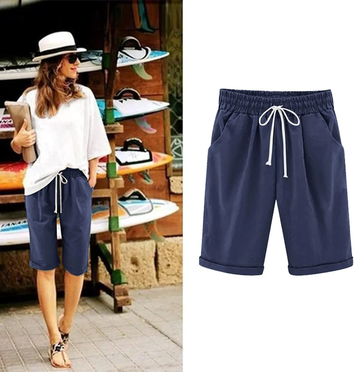 sdbrld Bermuda Shorts for Women,Womens Bermuda Shorts Trendy Summer Drawstring Shorts High Waisted Cotton Athletic Shorts