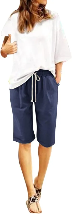 sdbrld Bermuda Shorts for Women,Womens Bermuda Shorts Trendy Summer Drawstring Shorts High Waisted Cotton Athletic Shorts