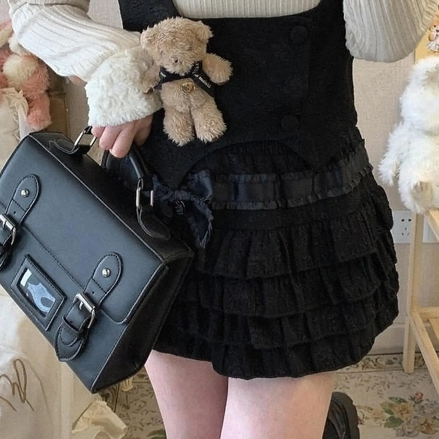 SOLILOQUY Women's Lolita Kawaii Mini Skirts Elastic Waist Tiered Ruffle Mini Skirts/Skort Japanese Korean Cute Sweet Skirt