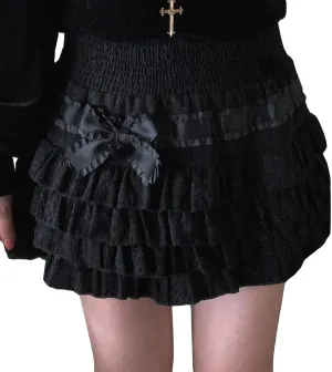SOLILOQUY Women's Lolita Kawaii Mini Skirts Elastic Waist Tiered Ruffle Mini Skirts/Skort Japanese Korean Cute Sweet Skirt