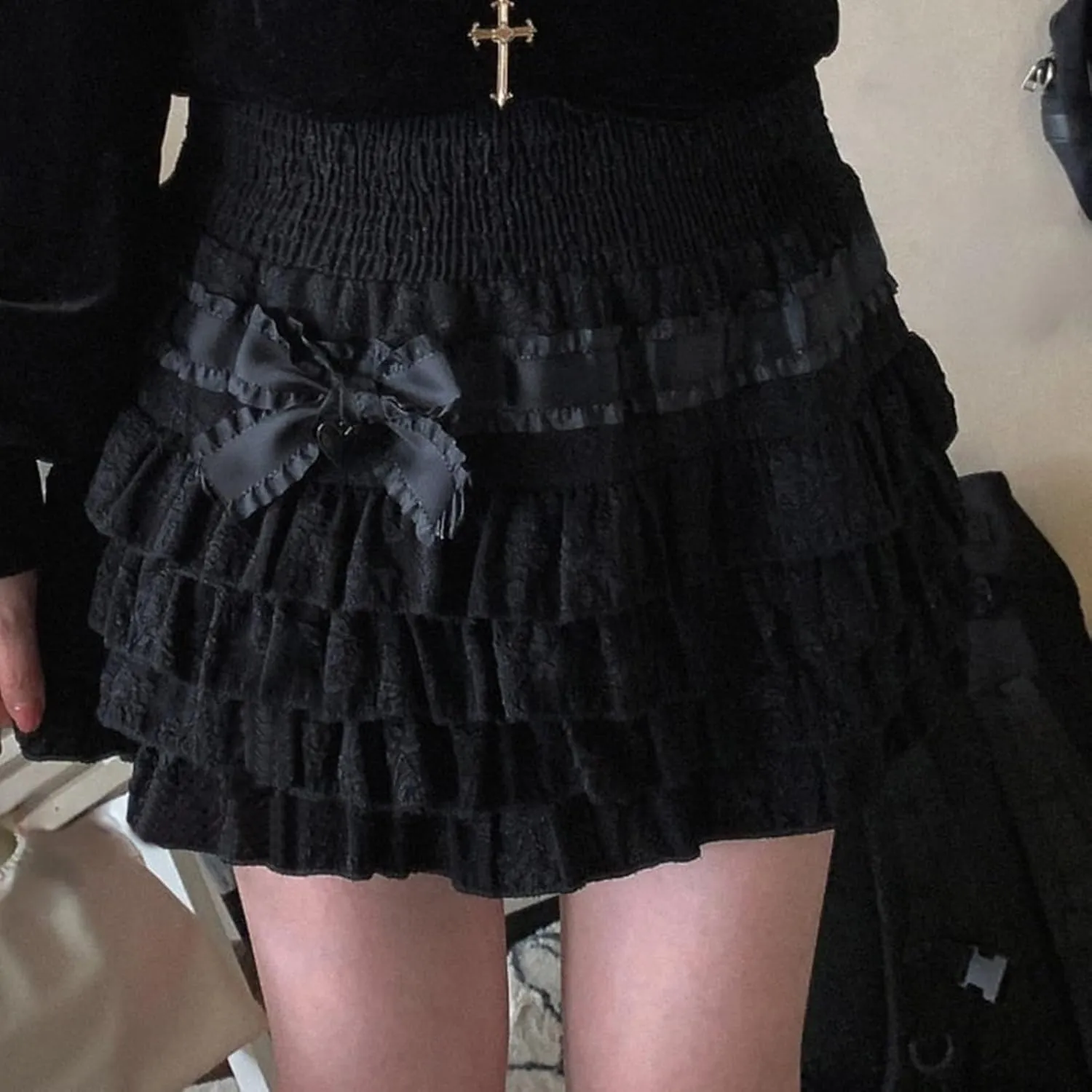 SOLILOQUY Women's Lolita Kawaii Mini Skirts Elastic Waist Tiered Ruffle Mini Skirts/Skort Japanese Korean Cute Sweet Skirt