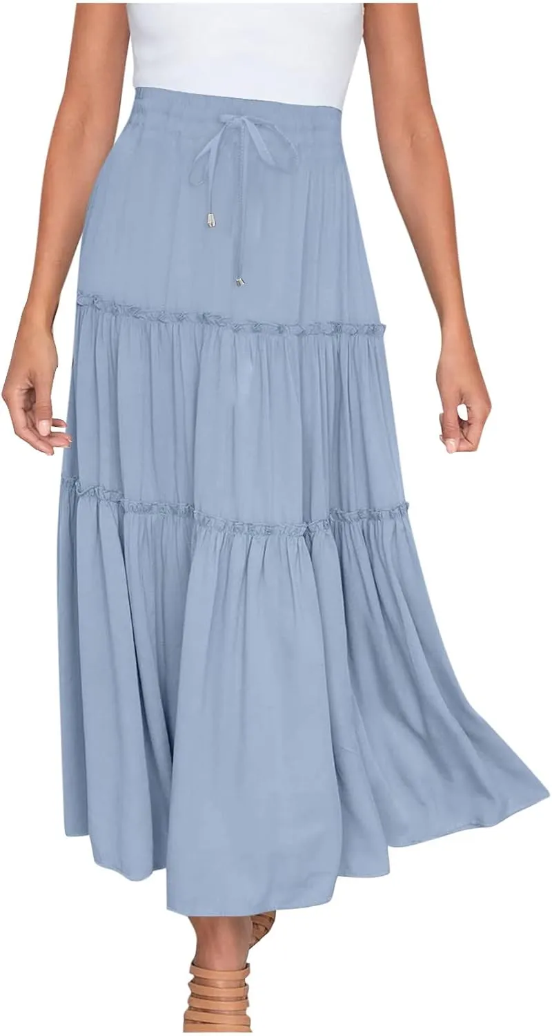 Summer Basic Maxi Skirt for Women Layered Ruffle Flowy A-Line Skirts Drawstring Elastic High Waist Swing Beach Skirt
