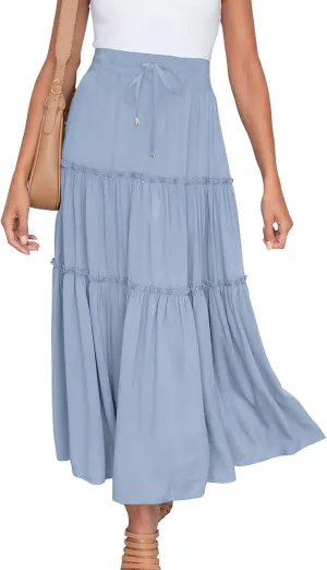 Summer Basic Maxi Skirt for Women Layered Ruffle Flowy A-Line Skirts Drawstring Elastic High Waist Swing Beach Skirt