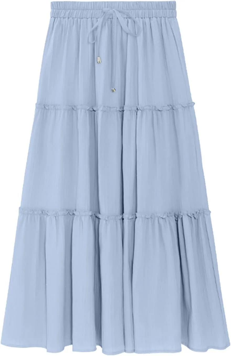 Summer Basic Maxi Skirt for Women Layered Ruffle Flowy A-Line Skirts Drawstring Elastic High Waist Swing Beach Skirt