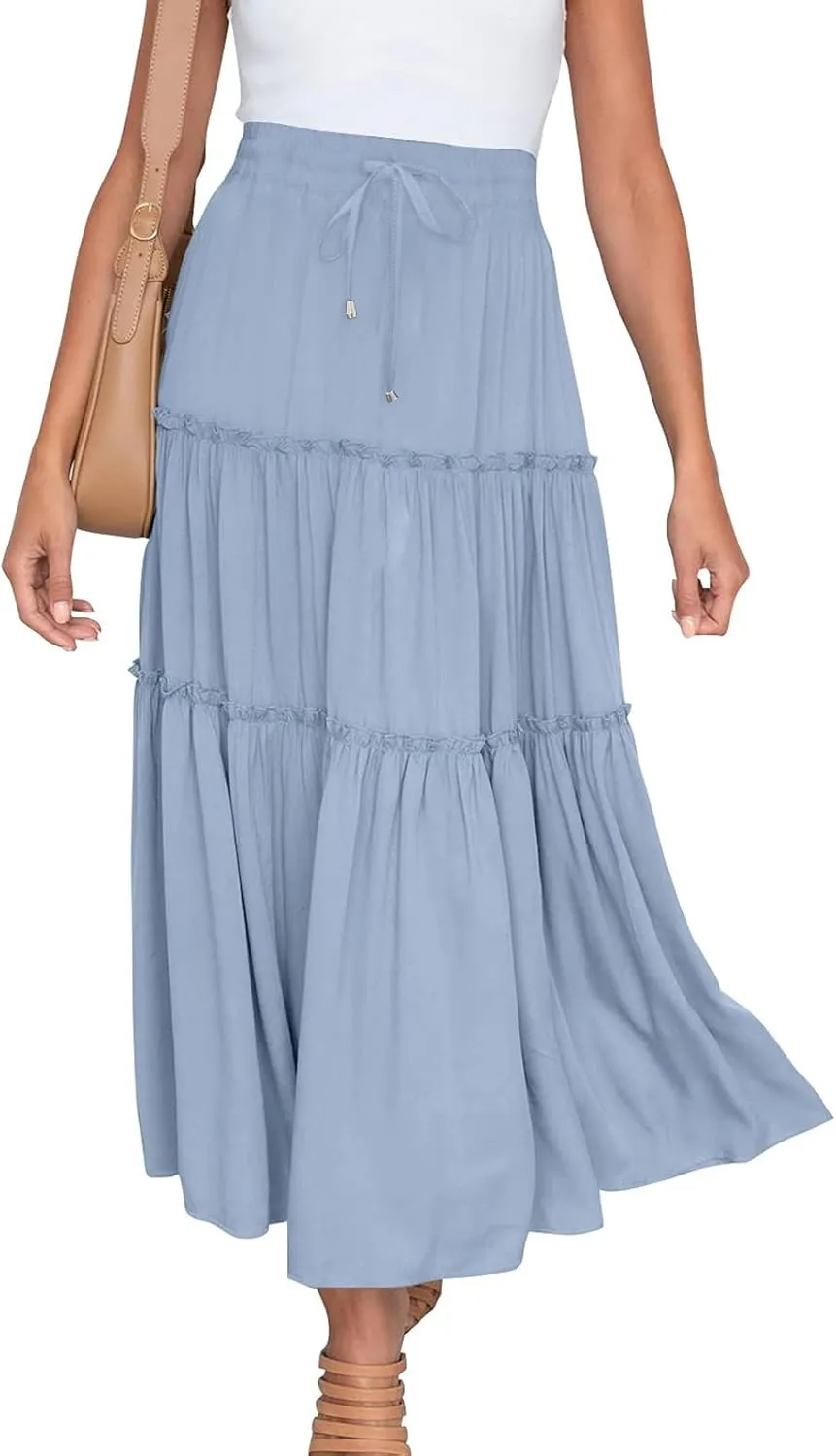 Summer Basic Maxi Skirt for Women Layered Ruffle Flowy A-Line Skirts Drawstring Elastic High Waist Swing Beach Skirt