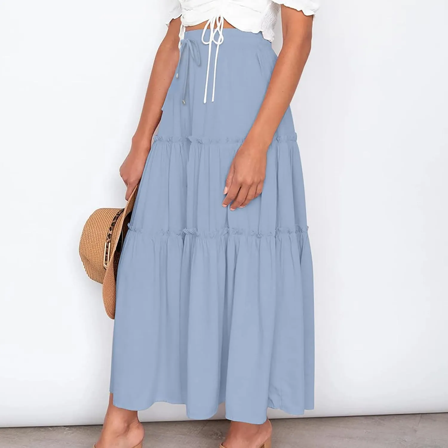 Summer Basic Maxi Skirt for Women Layered Ruffle Flowy A-Line Skirts Drawstring Elastic High Waist Swing Beach Skirt