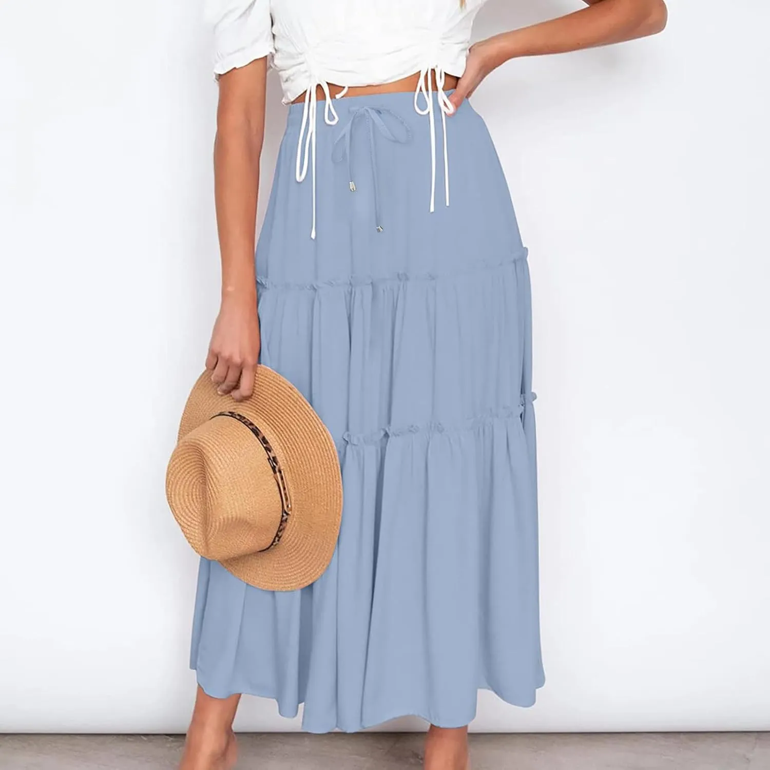 Summer Basic Maxi Skirt for Women Layered Ruffle Flowy A-Line Skirts Drawstring Elastic High Waist Swing Beach Skirt