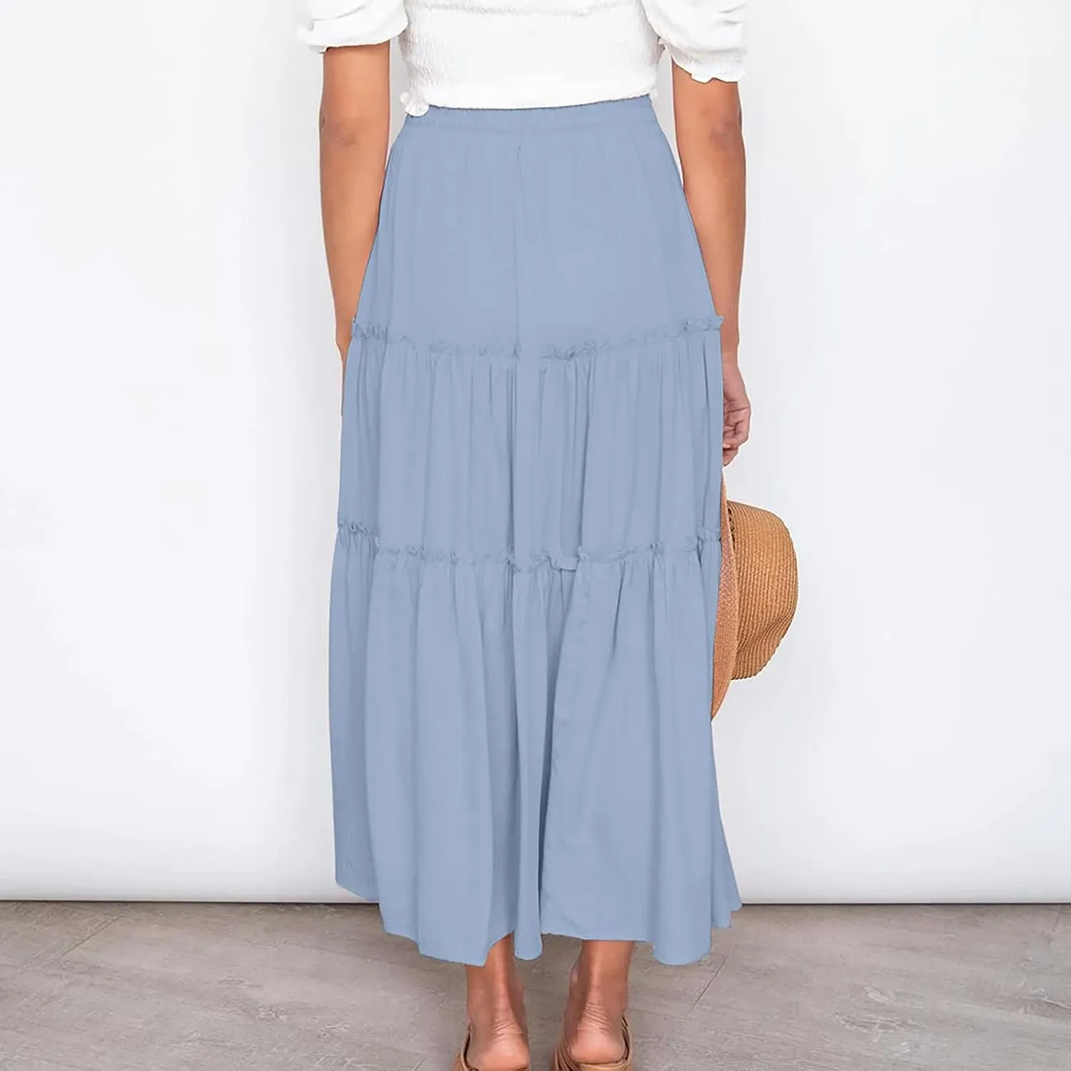 Summer Basic Maxi Skirt for Women Layered Ruffle Flowy A-Line Skirts Drawstring Elastic High Waist Swing Beach Skirt