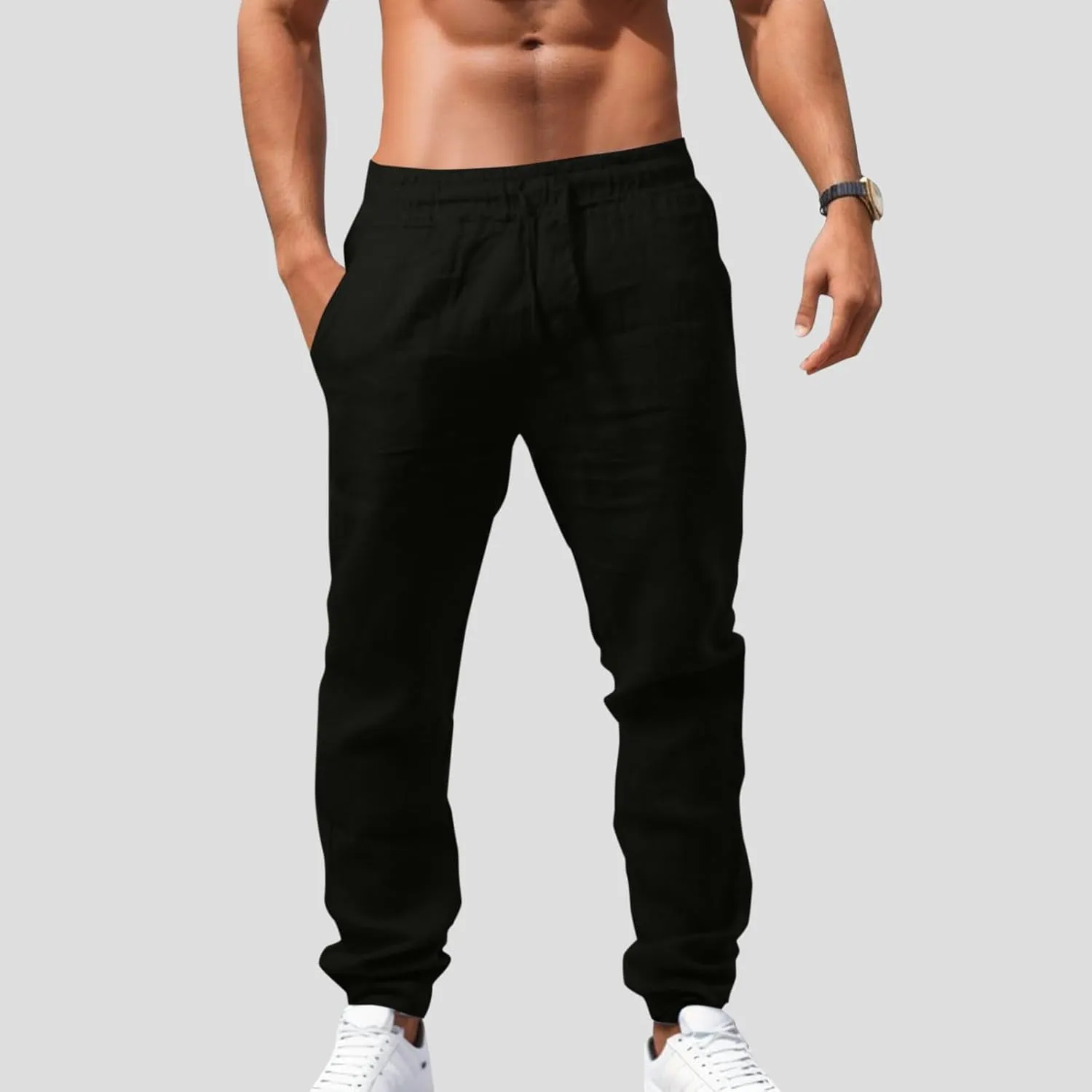 Summer Linen Pants for Men Workout Track Pant Stretch Elastic Waist Classic Fit Trousers Gym Golf Sweatpants