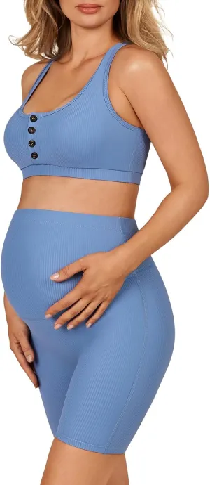 Summer Mae Maternity 2 Piece Outfit Set Activewear Women Ribbed Workout Pregnancy Sporty High Waist Short Button Padded Top