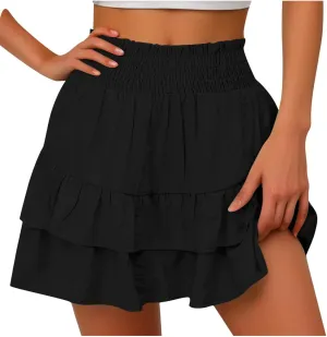 Summer Skirts for Women Pleated Elastic Waist Layered Ruffle Mini Skirt Casual Lightweight Active Skirts