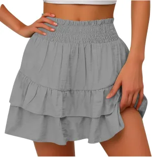 Summer Skirts for Women Pleated Elastic Waist Layered Ruffle Mini Skirt Casual Lightweight Active Skirts