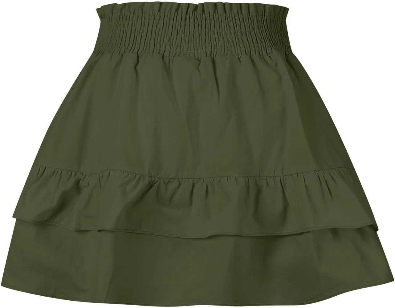 Summer Skirts for Women Pleated Elastic Waist Layered Ruffle Mini Skirt Casual Lightweight Active Skirts