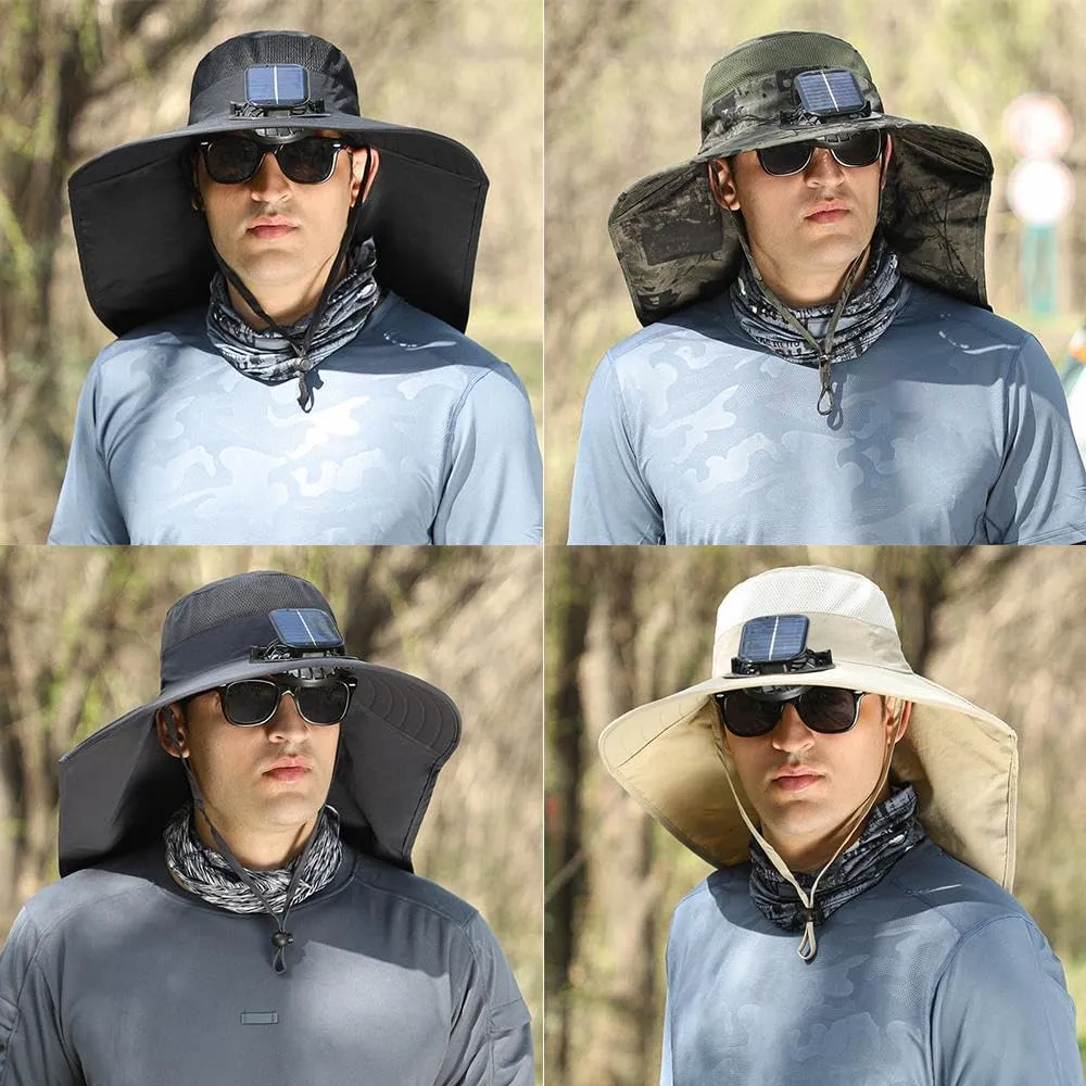 Sun Hat with Solar Fan - Adjustable Wide Brim Sun Hat, Outdoor UV Waterproof Fishing Hat with Neck Flap for Men&Women (B)