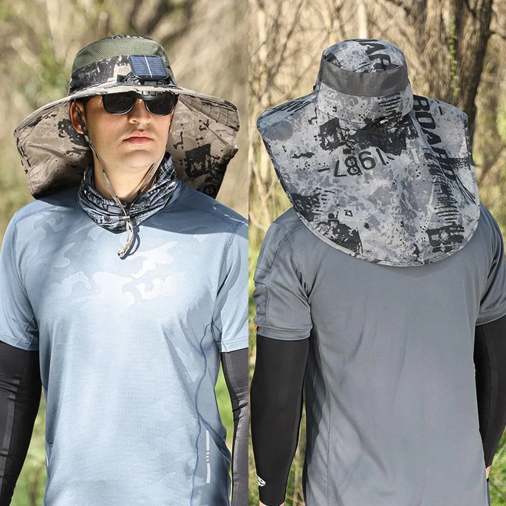 Sun Hat with Solar Fan - Adjustable Wide Brim Sun Hat, Outdoor UV Waterproof Fishing Hat with Neck Flap for Men&Women (B)