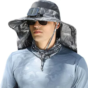 Sun Hat with Solar Fan - Adjustable Wide Brim Sun Hat, Outdoor UV Waterproof Fishing Hat with Neck Flap for Men&Women (B)