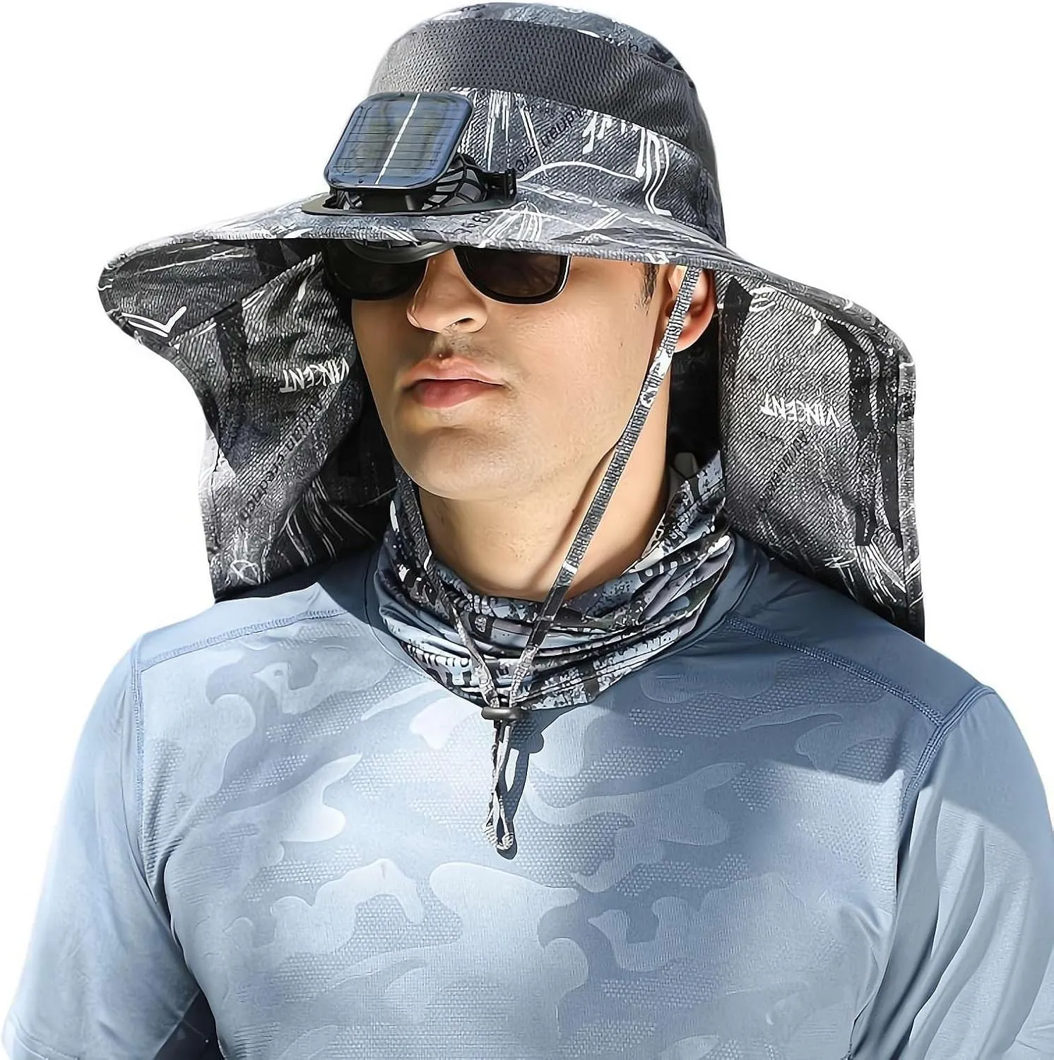Sun Hat with Solar Fan - Adjustable Wide Brim Sun Hat, Outdoor UV Waterproof Fishing Hat with Neck Flap for Men&Women (B)