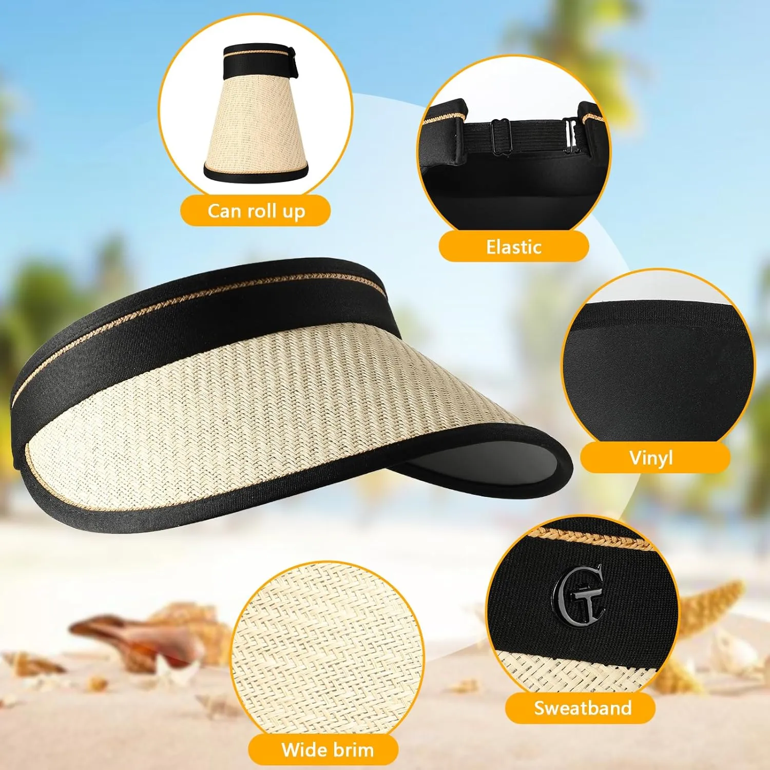 Sun Hats for Women, Beach Hat Sun Hat Women Visor Hats Wide Brim Straw Ponytail Hats for Women Foldable Floppy