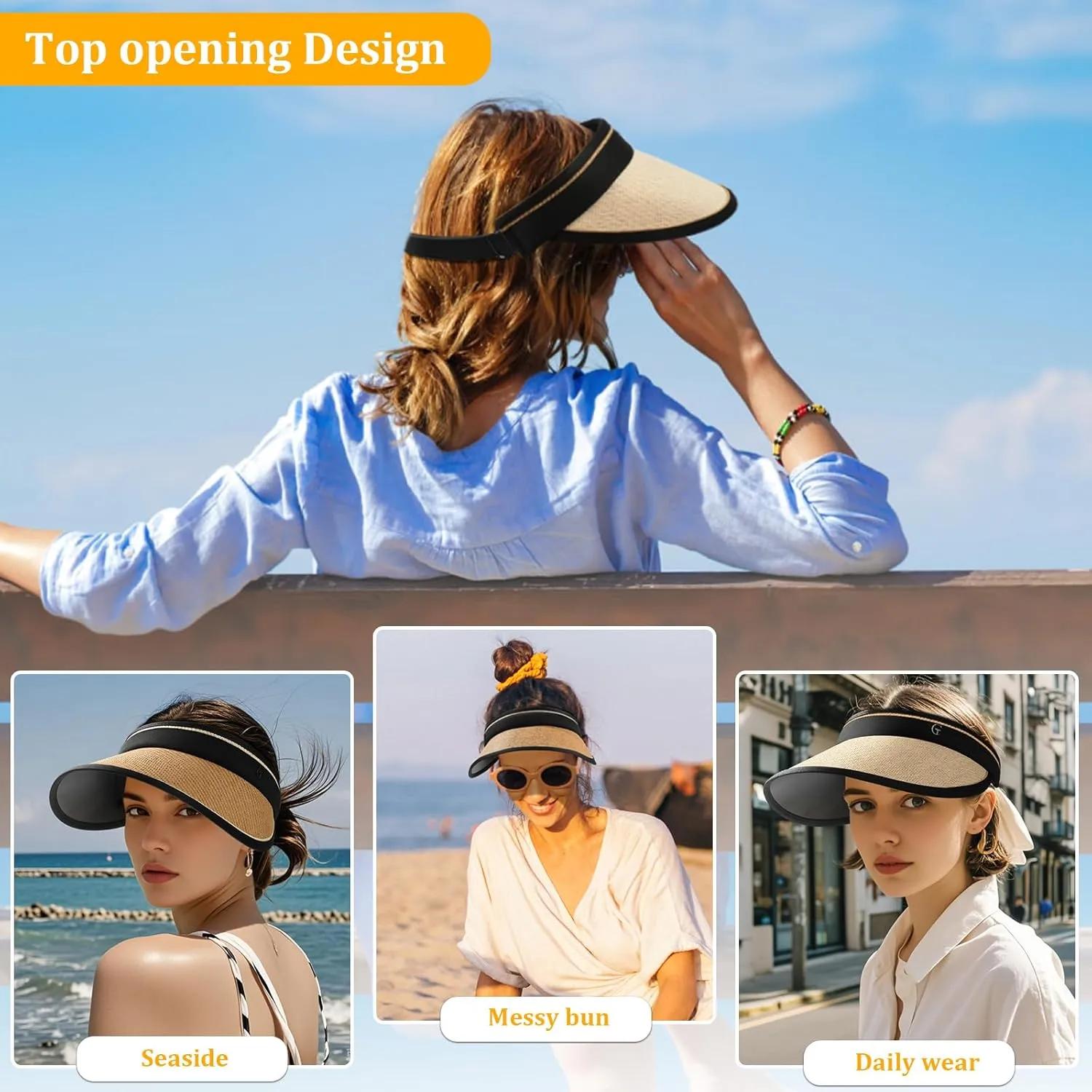 Sun Hats for Women, Beach Hat Sun Hat Women Visor Hats Wide Brim Straw Ponytail Hats for Women Foldable Floppy