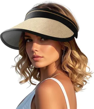 Sun Hats for Women, Beach Hat Sun Hat Women Visor Hats Wide Brim Straw Ponytail Hats for Women Foldable Floppy