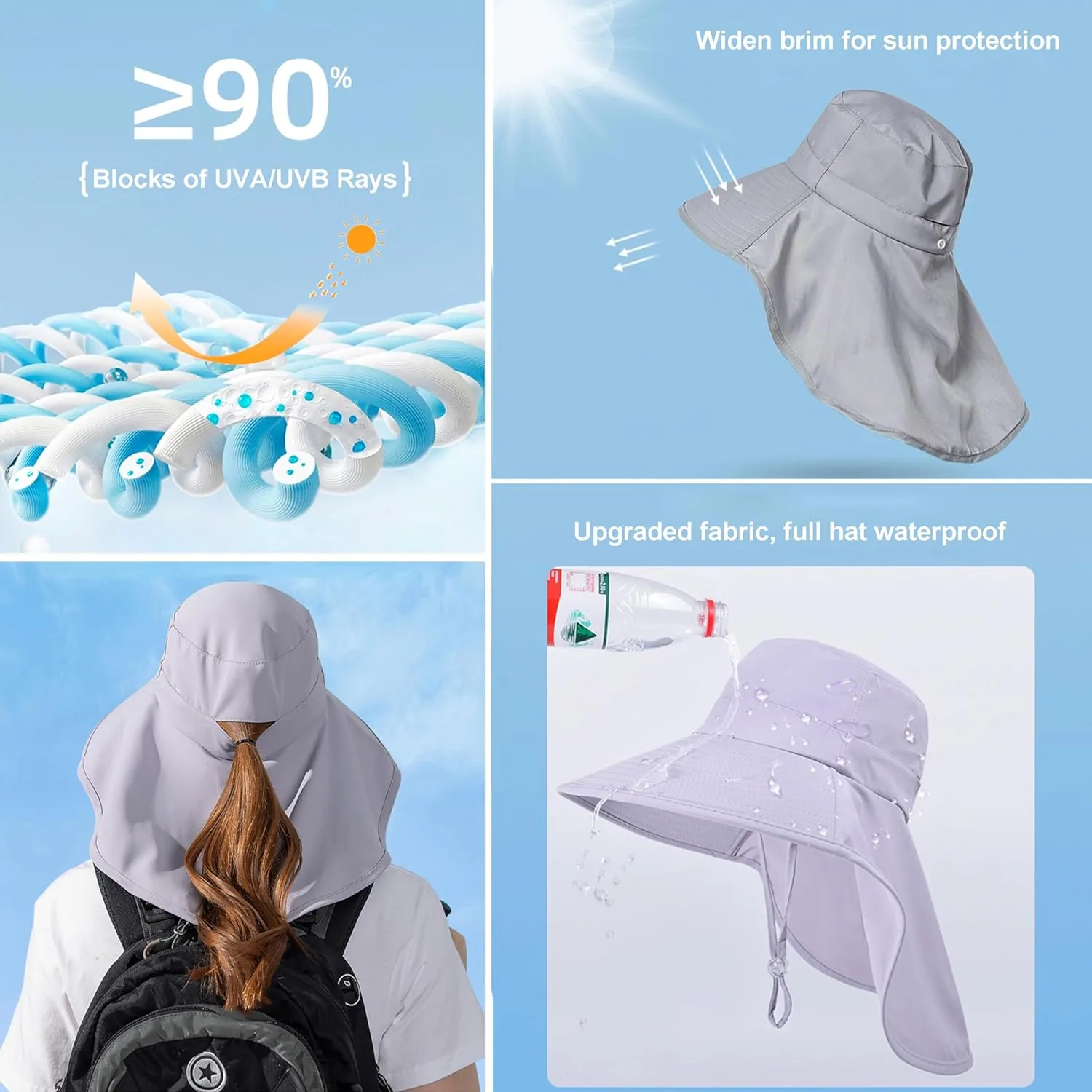 Sun Hats for Womens Mens with Ponytail Hole Wide Brim Summer Outdoor UPF 50  Foldable Beach Travel Fishing Bucket Hat