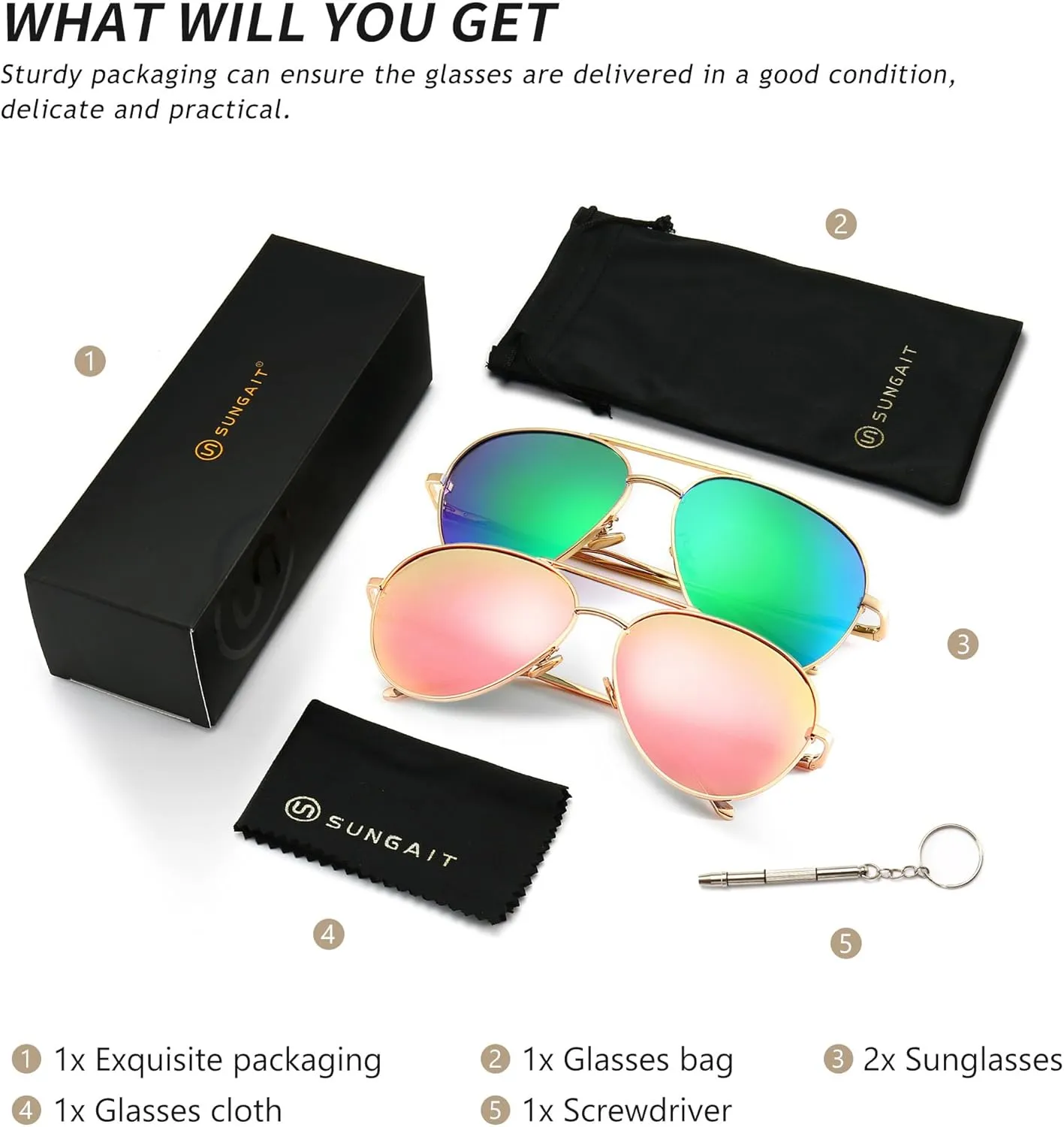 SUNGAIT Women's Lightweight Oversized Aviator Sunglasses - Mirrored Polarized Lens