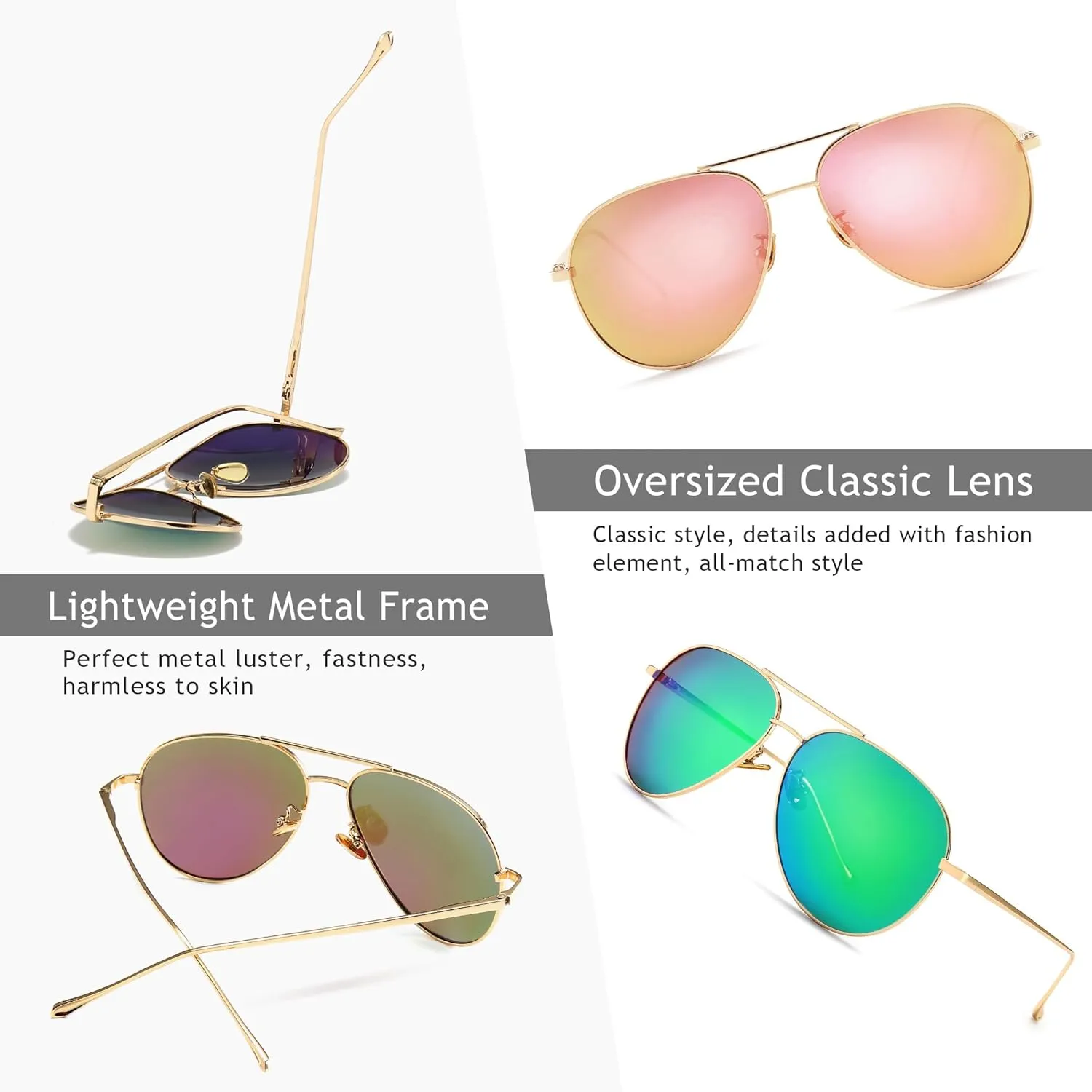 SUNGAIT Women's Lightweight Oversized Aviator Sunglasses - Mirrored Polarized Lens