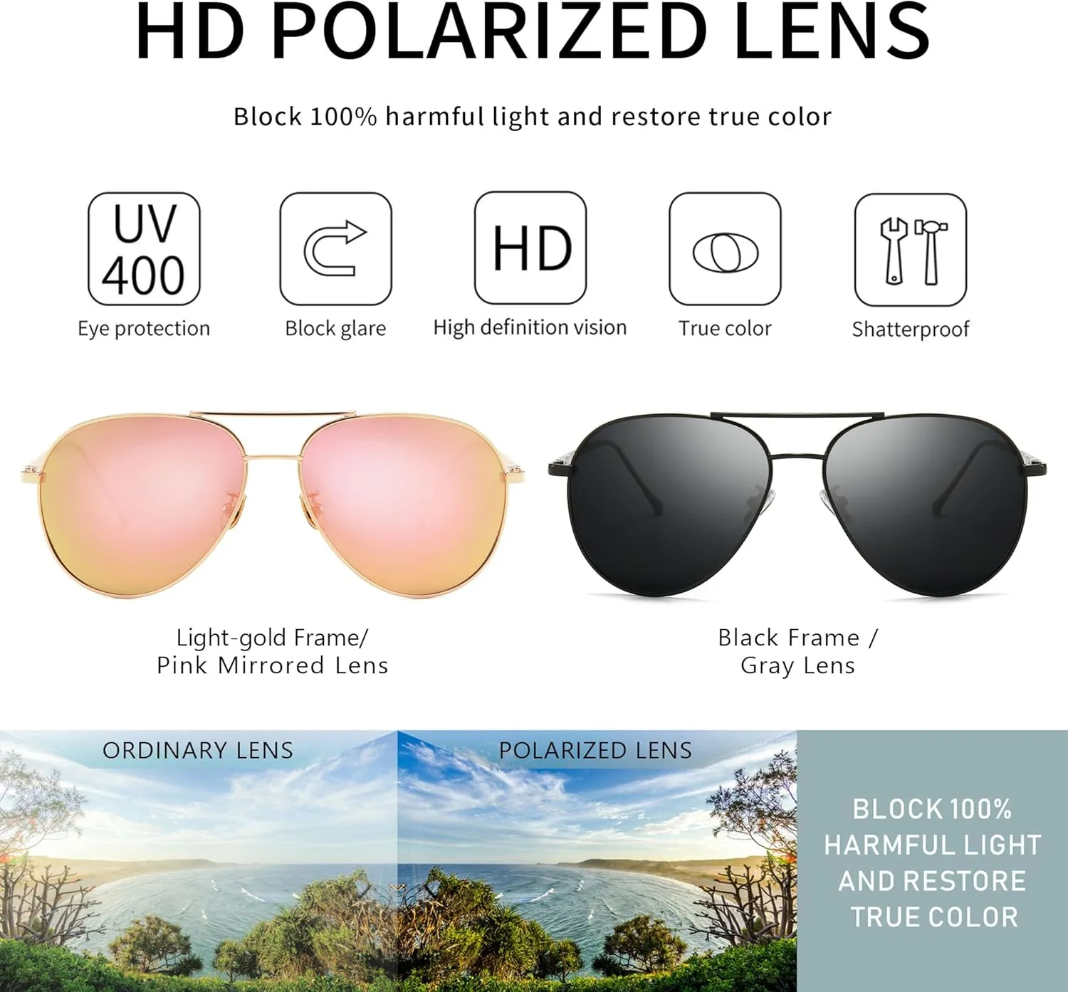 SUNGAIT Women's Lightweight Oversized Aviator Sunglasses - Mirrored Polarized Lens