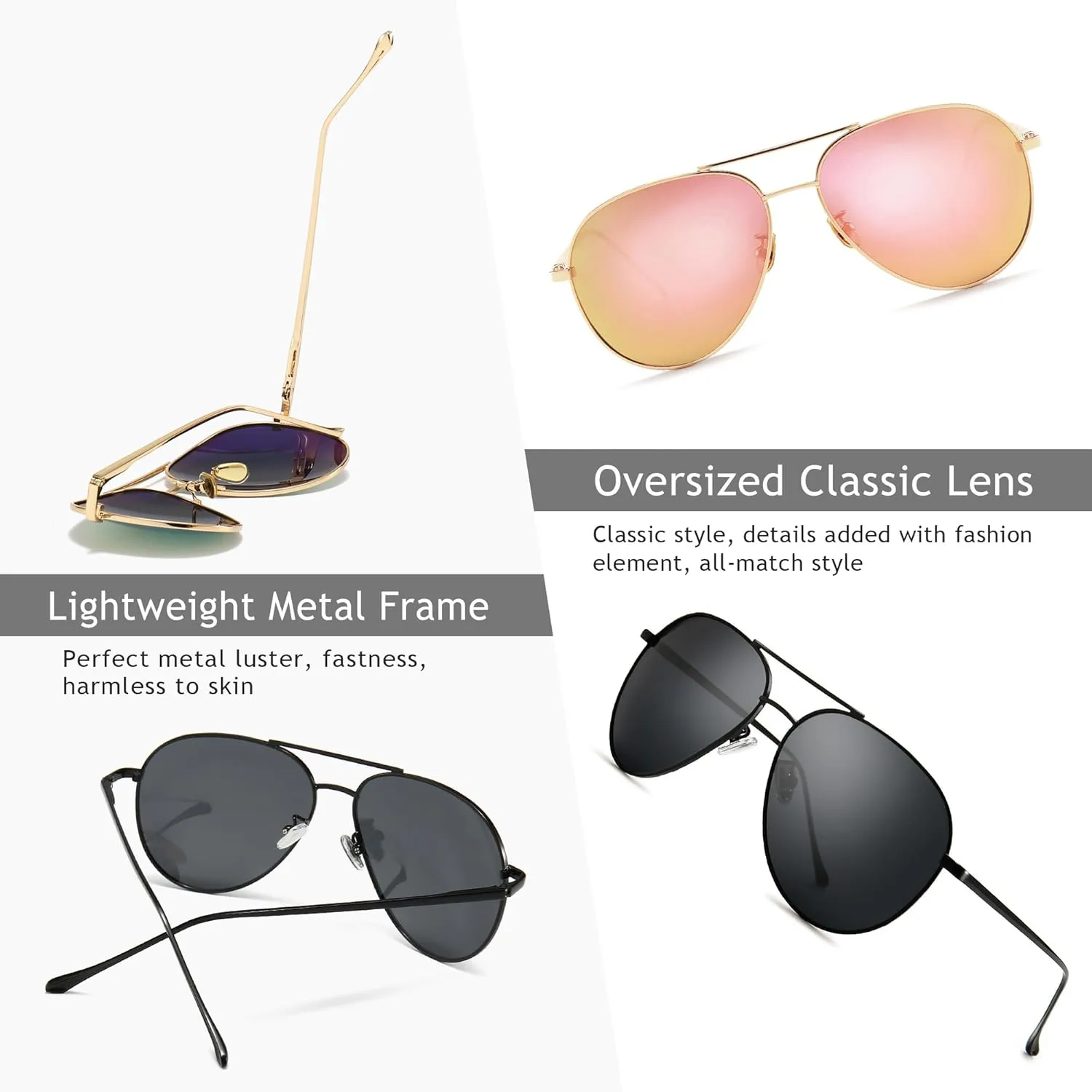 SUNGAIT Women's Lightweight Oversized Aviator Sunglasses - Mirrored Polarized Lens
