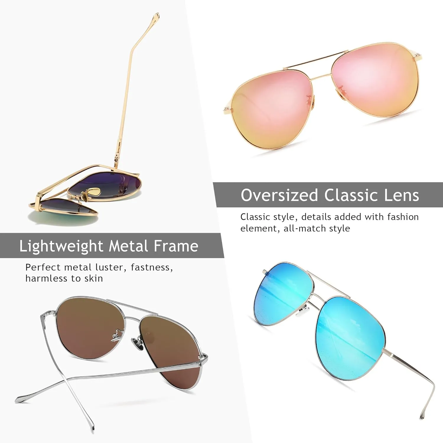 SUNGAIT Women's Lightweight Oversized Aviator Sunglasses - Mirrored Polarized Lens