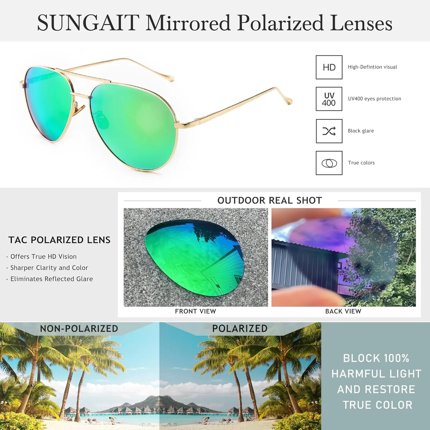 SUNGAIT Women's Lightweight Oversized Aviator Sunglasses - Mirrored Polarized Lens