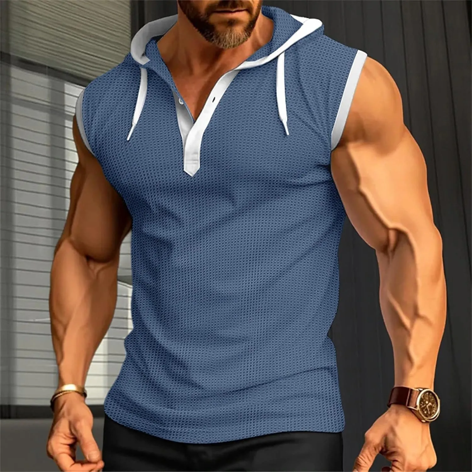 Waffle Tank Top for Men Hooded Shirts Gym Workout Bodybuilding Sleeveless Muscle T Shirts Block Color Vest Hoodies