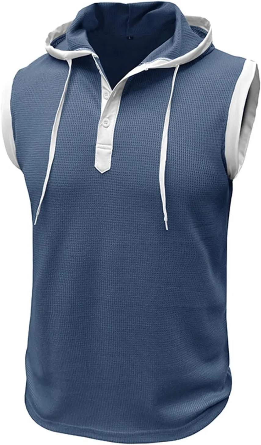 Waffle Tank Top for Men Hooded Shirts Gym Workout Bodybuilding Sleeveless Muscle T Shirts Block Color Vest Hoodies