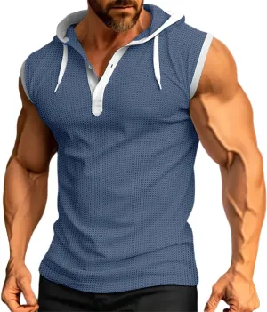 Waffle Tank Top for Men Hooded Shirts Gym Workout Bodybuilding Sleeveless Muscle T Shirts Block Color Vest Hoodies