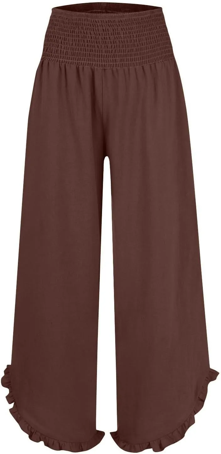 Wide Leg Linen Pants for Women Baggy Smocked High Waisted Palazzo Pants Ruffle Hem Summer Boho Beach Flowy Pants