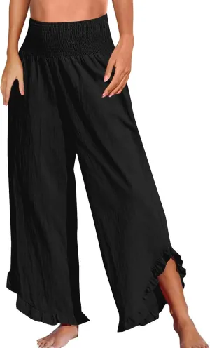 Wide Leg Linen Pants for Women Baggy Smocked High Waisted Palazzo Pants Ruffle Hem Summer Boho Beach Flowy Pants