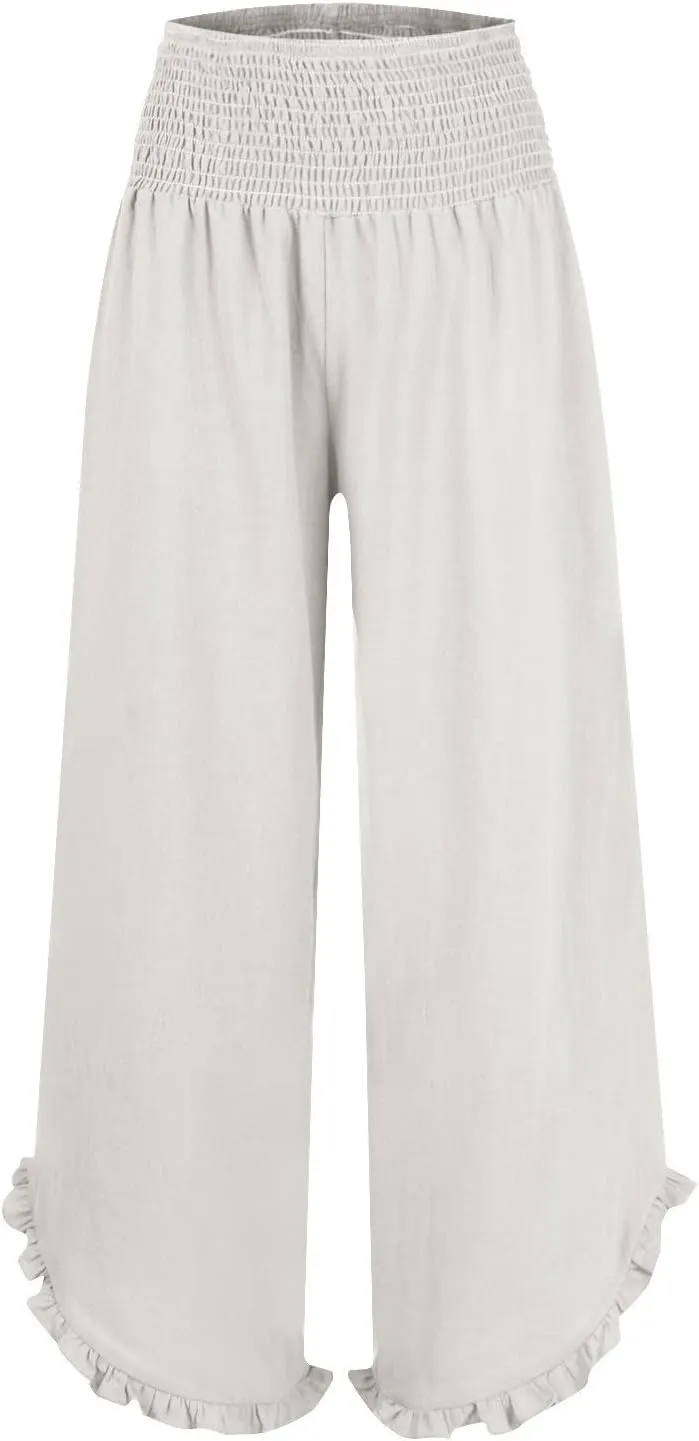 Wide Leg Linen Pants for Women Baggy Smocked High Waisted Palazzo Pants Ruffle Hem Summer Boho Beach Flowy Pants