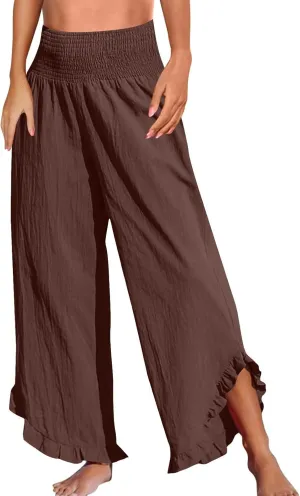 Wide Leg Linen Pants for Women Baggy Smocked High Waisted Palazzo Pants Ruffle Hem Summer Boho Beach Flowy Pants