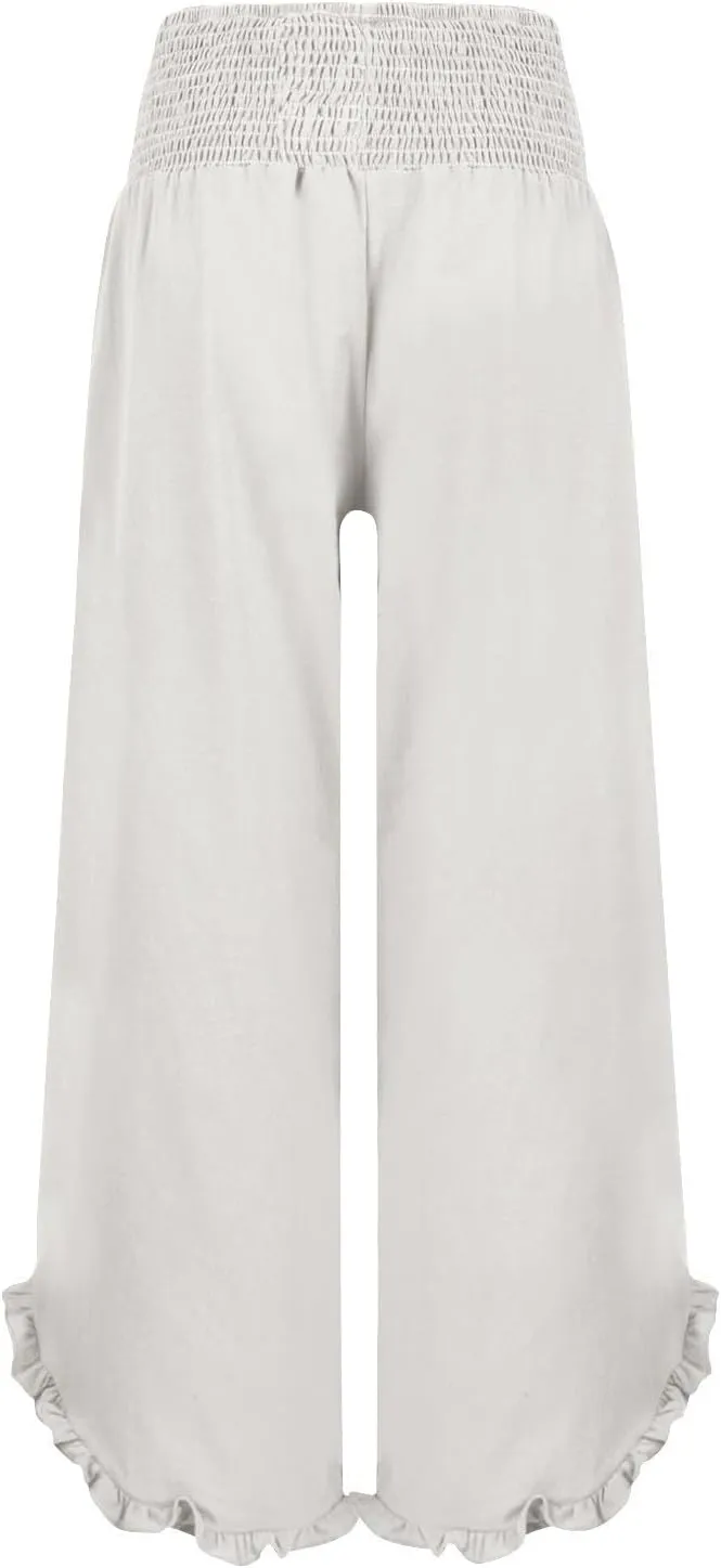 Wide Leg Linen Pants for Women Baggy Smocked High Waisted Palazzo Pants Ruffle Hem Summer Boho Beach Flowy Pants