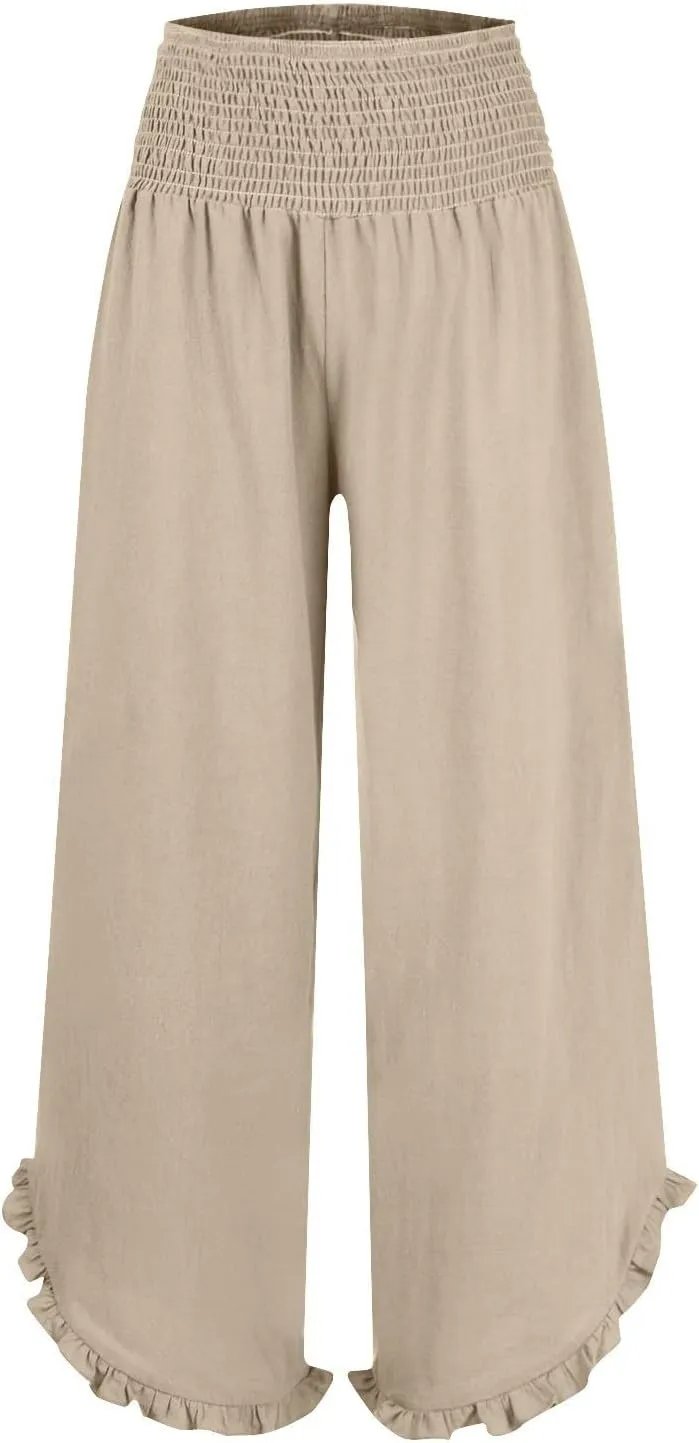 Wide Leg Linen Pants for Women Baggy Smocked High Waisted Palazzo Pants Ruffle Hem Summer Boho Beach Flowy Pants