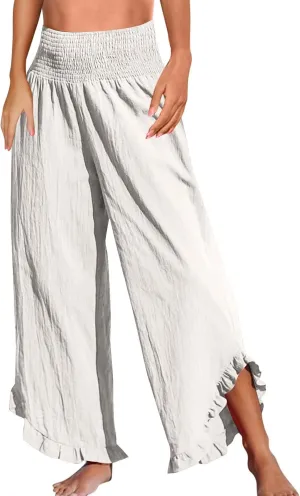 Wide Leg Linen Pants for Women Baggy Smocked High Waisted Palazzo Pants Ruffle Hem Summer Boho Beach Flowy Pants