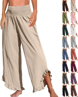 Wide Leg Linen Pants for Women Baggy Smocked High Waisted Palazzo Pants Ruffle Hem Summer Boho Beach Flowy Pants