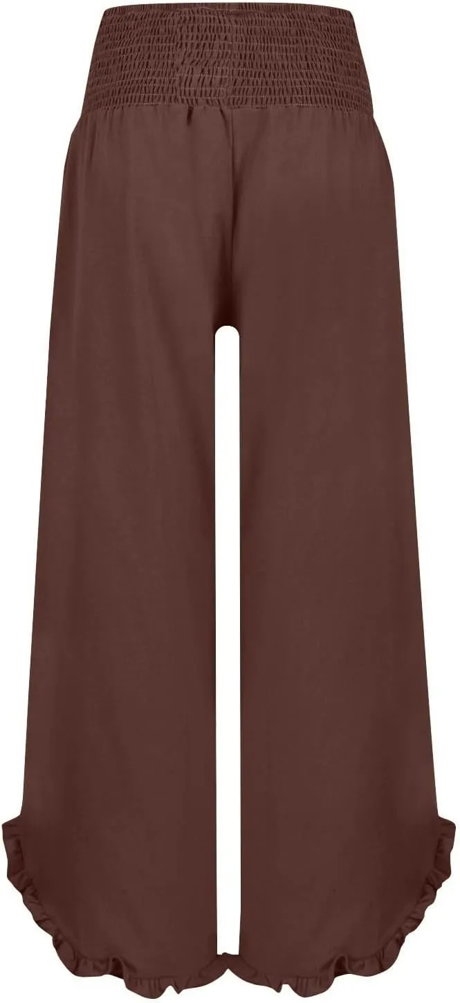 Wide Leg Linen Pants for Women Baggy Smocked High Waisted Palazzo Pants Ruffle Hem Summer Boho Beach Flowy Pants