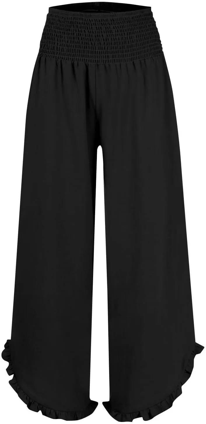 Wide Leg Linen Pants for Women Baggy Smocked High Waisted Palazzo Pants Ruffle Hem Summer Boho Beach Flowy Pants