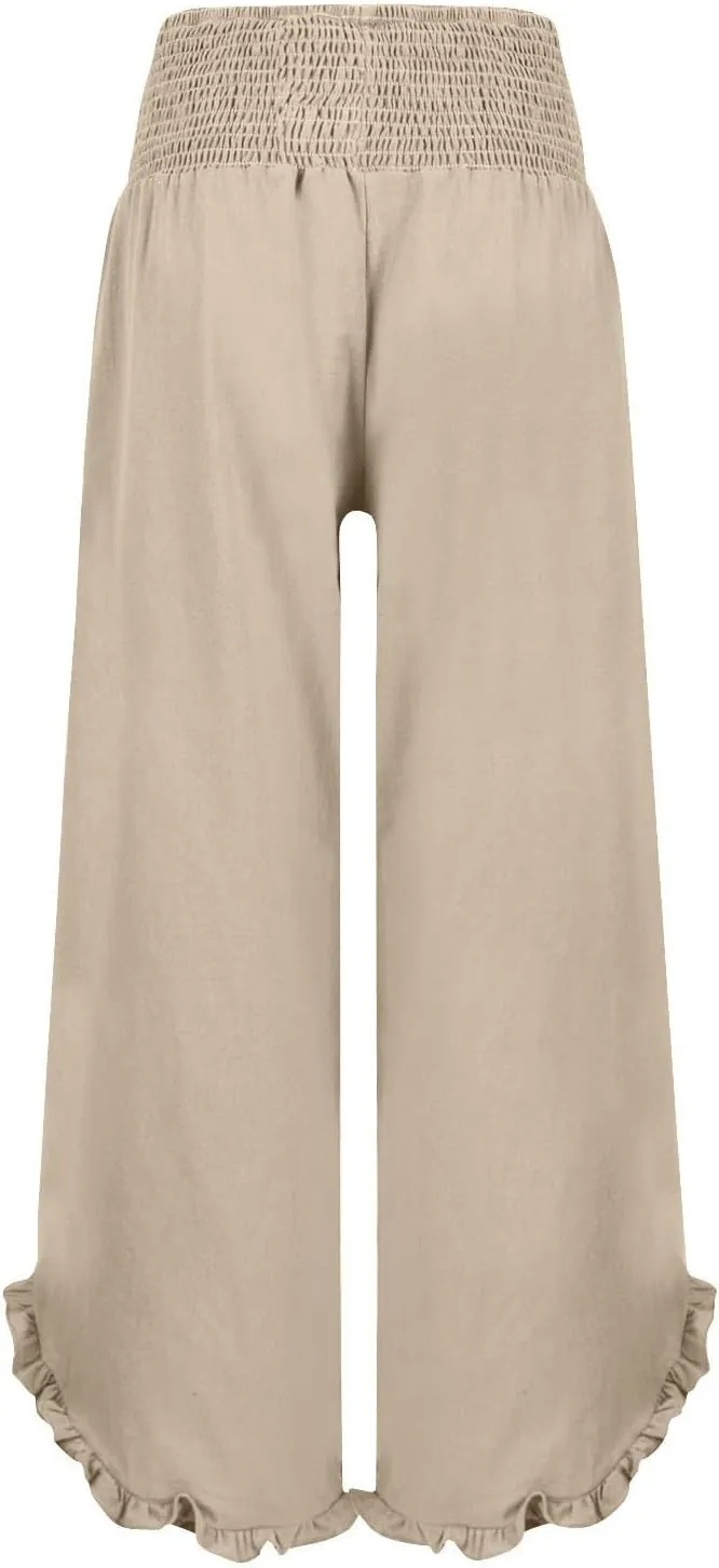 Wide Leg Linen Pants for Women Baggy Smocked High Waisted Palazzo Pants Ruffle Hem Summer Boho Beach Flowy Pants