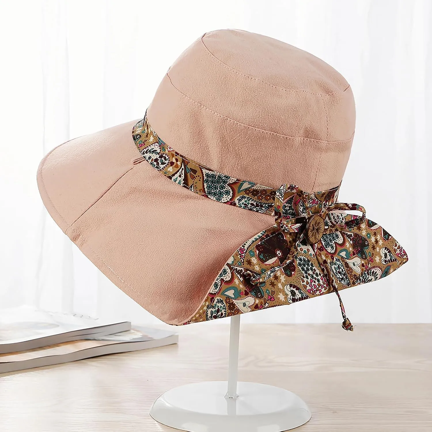 Women Bohemian Reversible Floral Cotton Sun Hat Wide Brim Outdoor Bucket Hats UV Protection