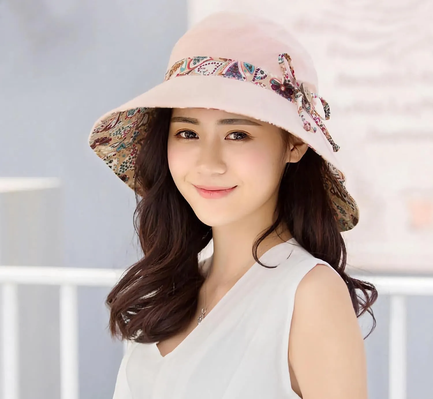 Women Bohemian Reversible Floral Cotton Sun Hat Wide Brim Outdoor Bucket Hats UV Protection