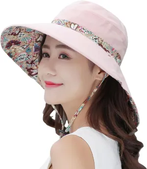Women Bohemian Reversible Floral Cotton Sun Hat Wide Brim Outdoor Bucket Hats UV Protection
