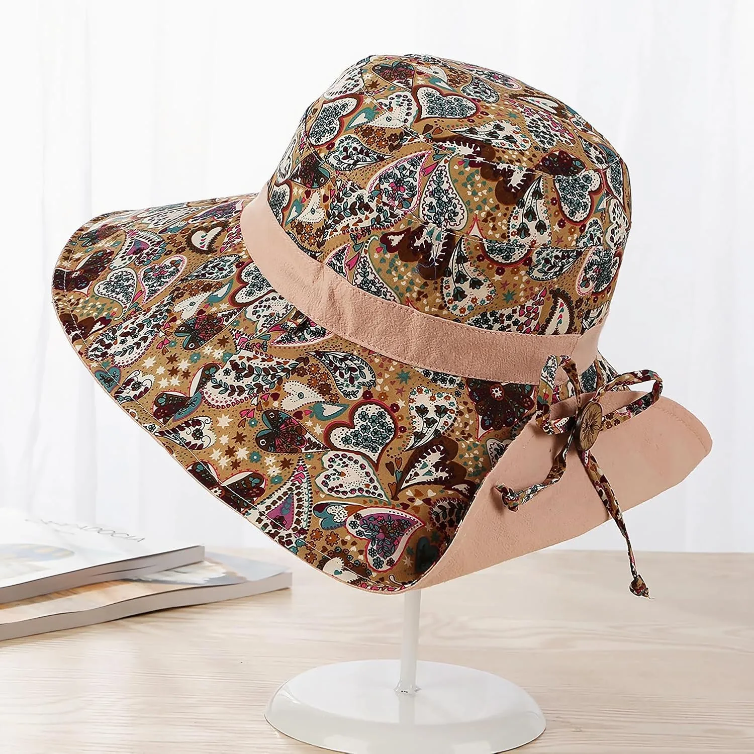 Women Bohemian Reversible Floral Cotton Sun Hat Wide Brim Outdoor Bucket Hats UV Protection