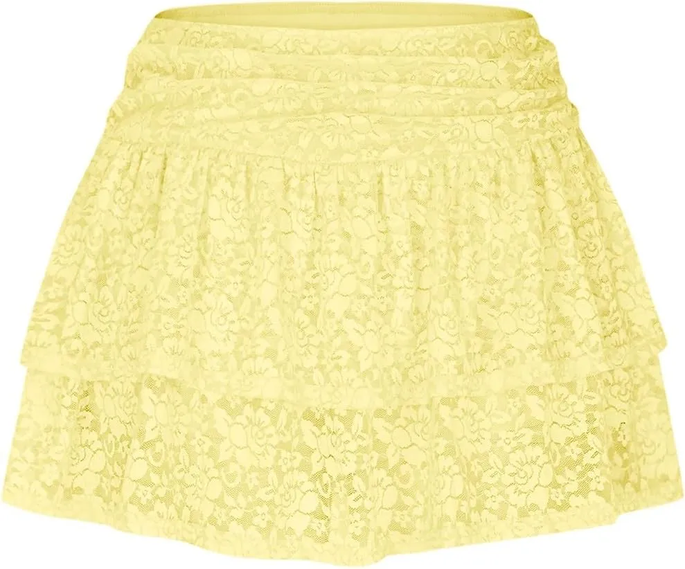 Women Floral Lace Mesh Mini Skirts Y2k Layered Ruffle Sexy Short Skirts Ruched Rise Tiered Hot Coquette Skirt